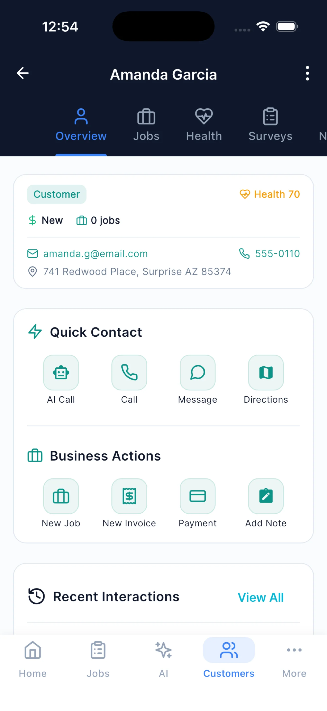 Customer Profile - Health scores, quick contact, and business actions
