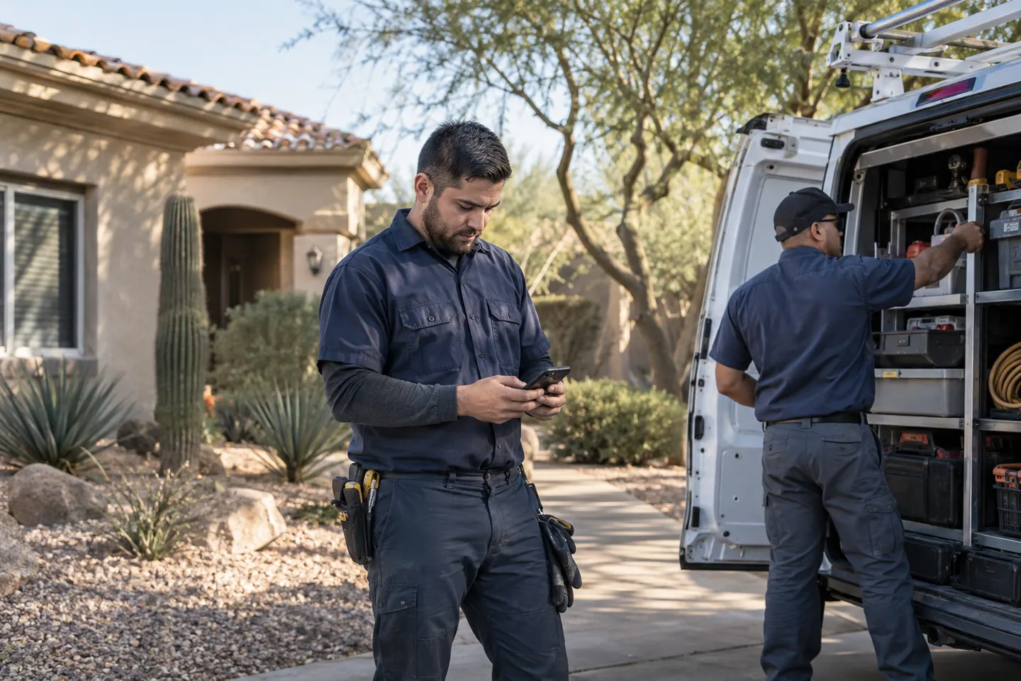 Illustrative scene of two technicians beside a service van, one checking a phone