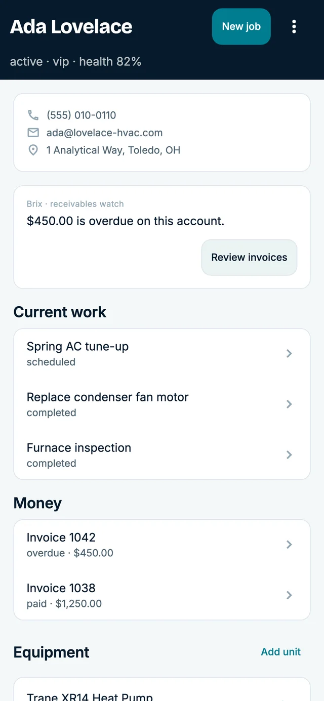 Customer details, current work, and outstanding invoices