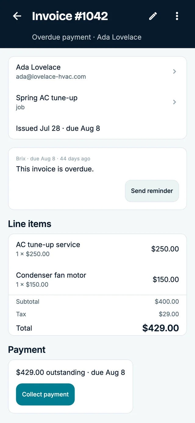 An overdue invoice with line items and the outstanding balance