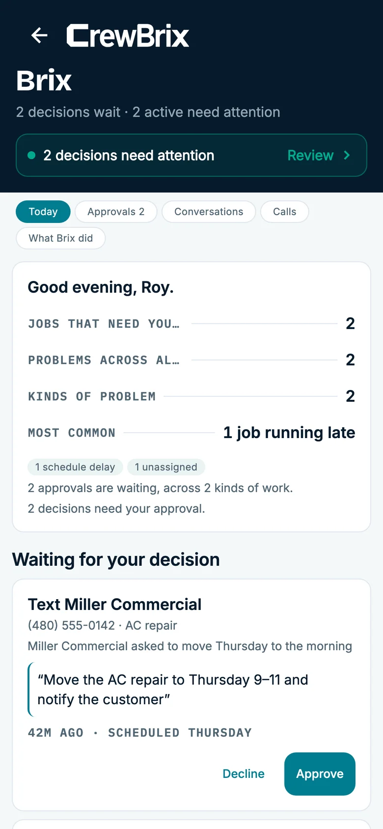 The same Brix approval workflow on a phone, with the customer request and Decline and Approve controls