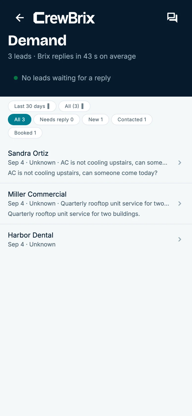 The CrewBrix demand screen on a phone: new requests with each caller's reported problem
