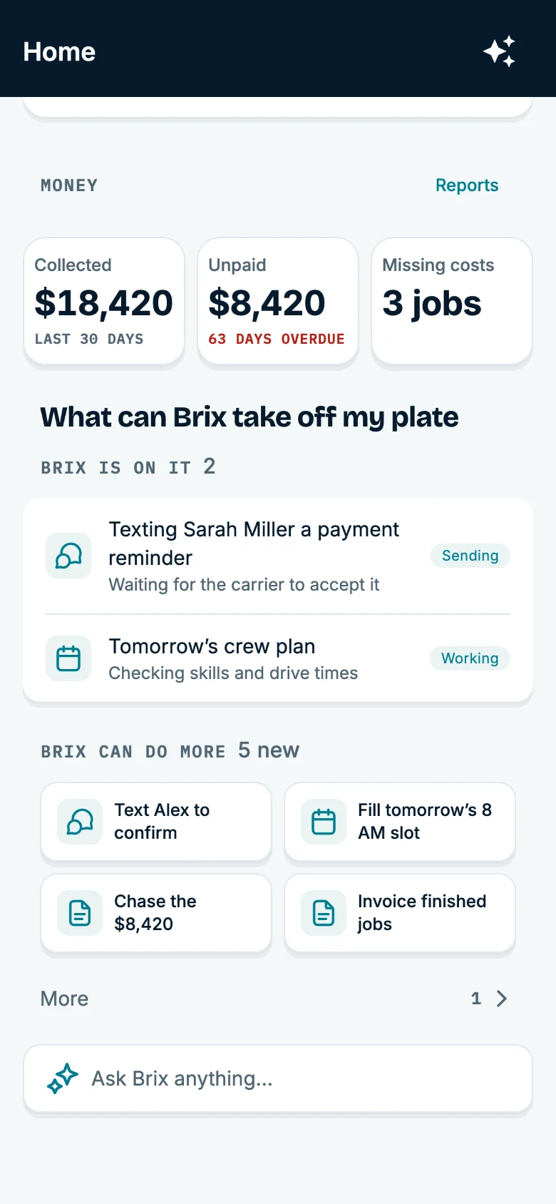 CrewBrix on a phone: the work Brix is on, the jobs it can take off your plate, and money collected and unpaid