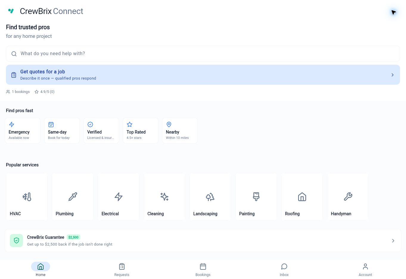 Live CrewBrix Connect web app home screen with service search, quote request, service categories, and homeowner navigation.
