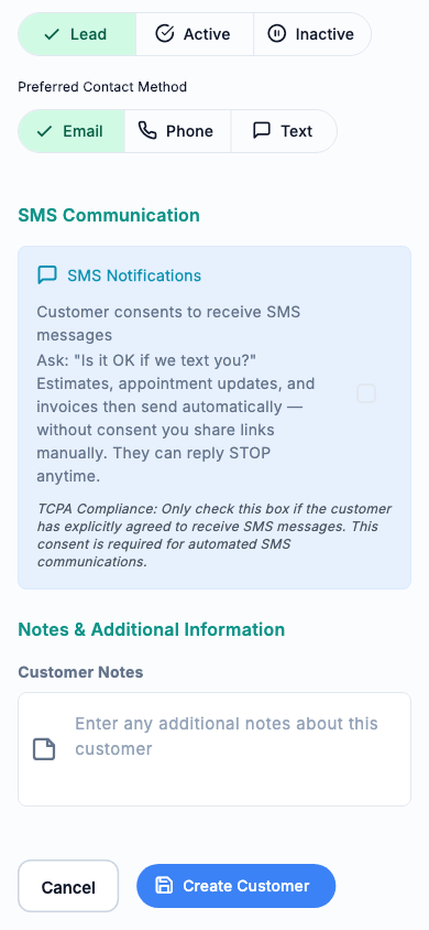 The customer record in the CrewBrix app with the SMS Notifications section and its unchecked consent box